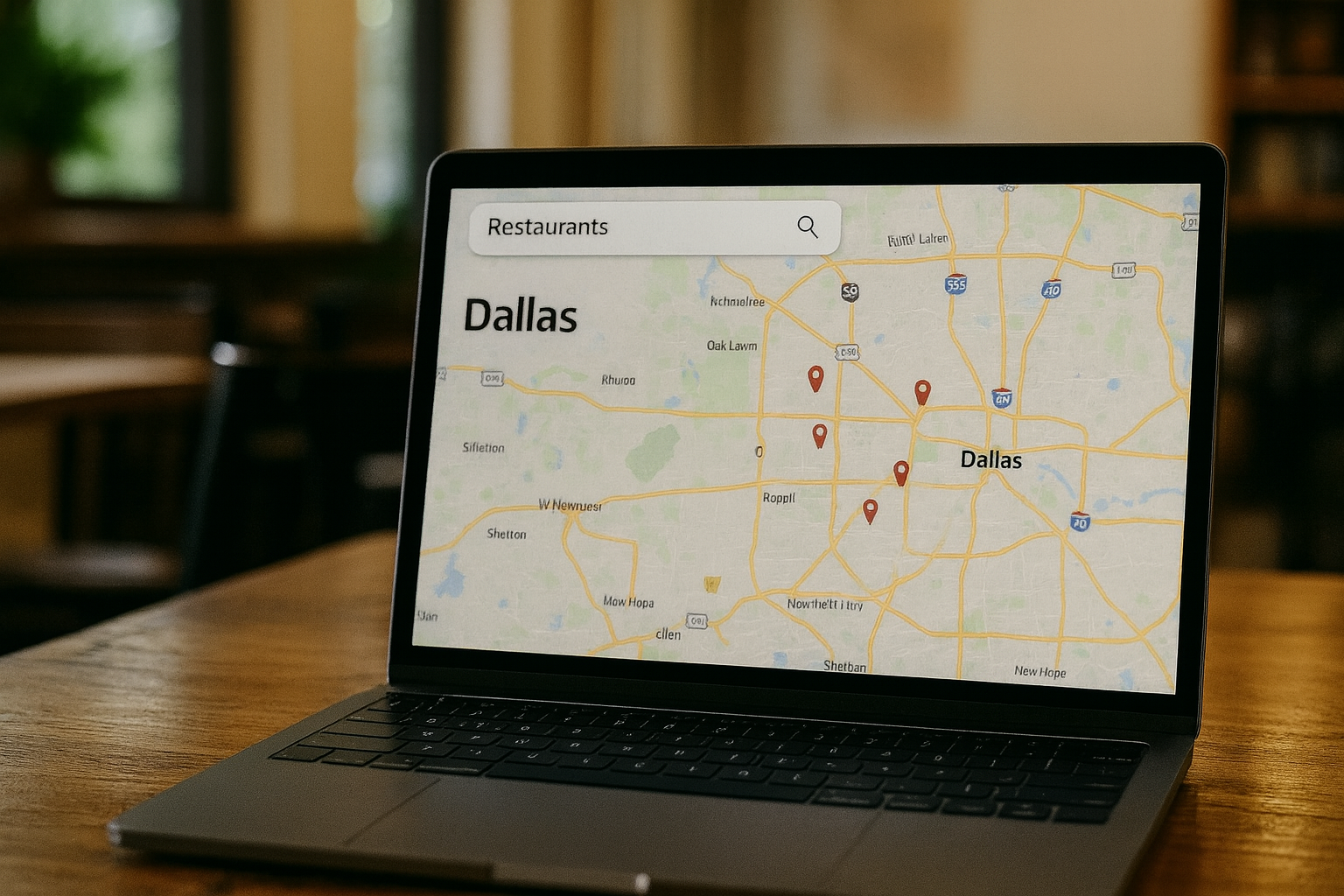 Laptop displaying a Dallas restaurant map with location pins, showing local visibility and search results for DFWTable marketing.