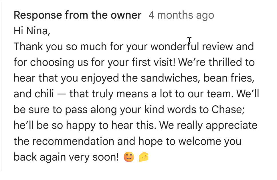 Example of a restaurant owner responding to a Google review with specific personalized details
