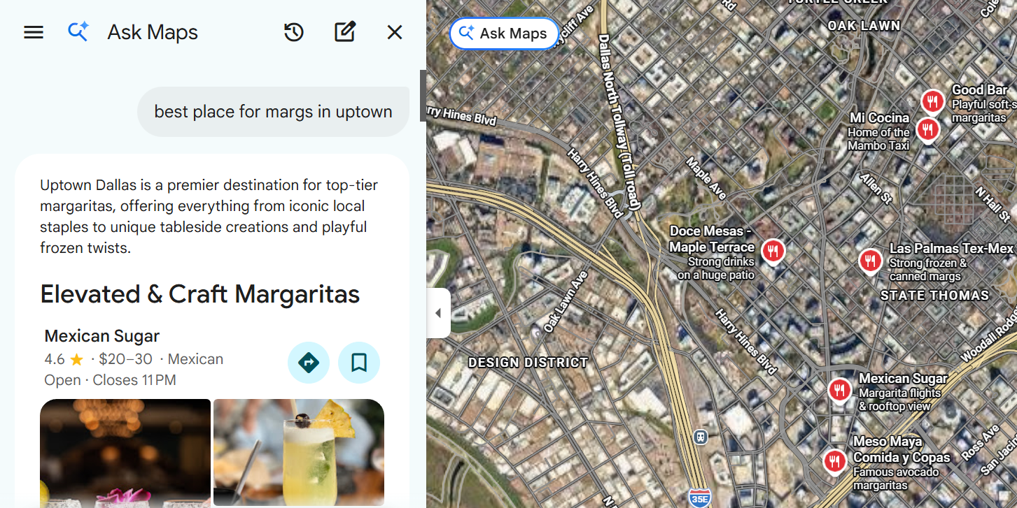 google-ask-maps-ai-search-optimization-dallas Ask Maps AI optimization dashboard showing localized restaurant search rankings in Uptown Dallas.